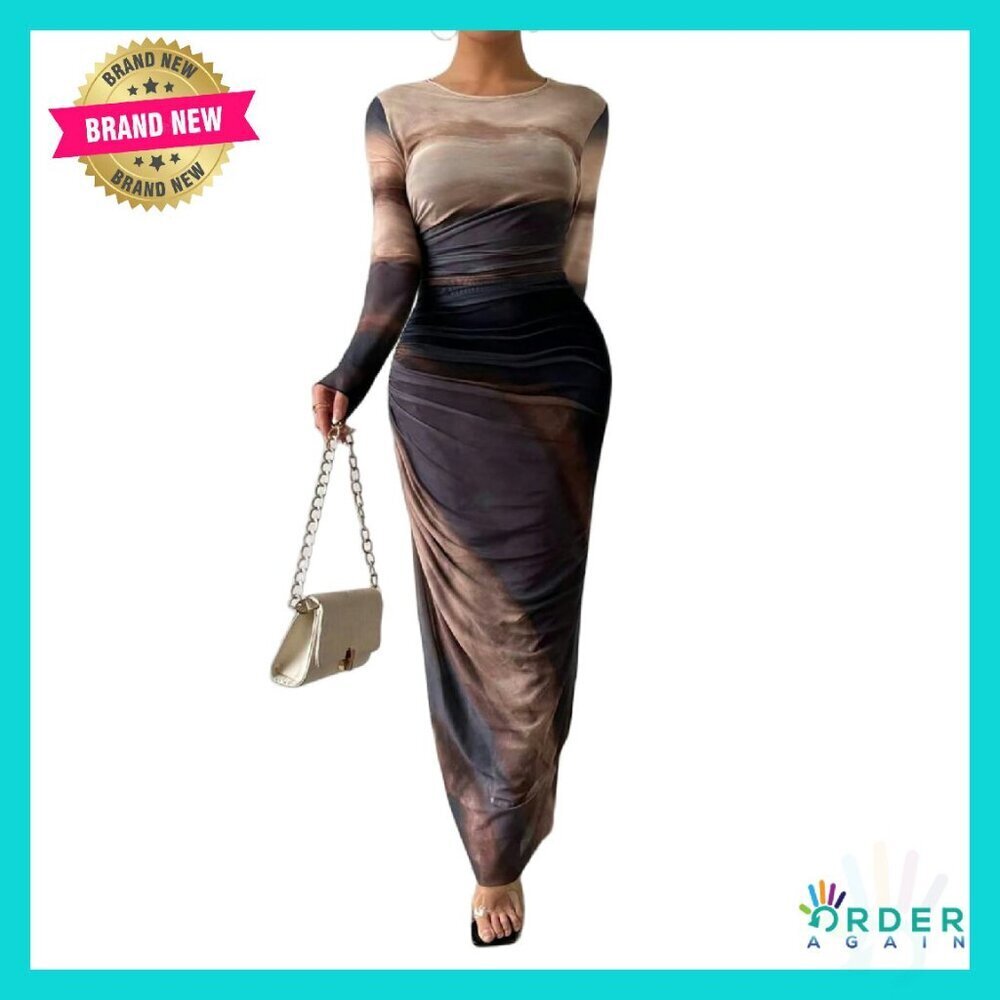 Printed Bodycon Maxi Dress Long Sleeve Mesh Ruched Elegant Cocktail